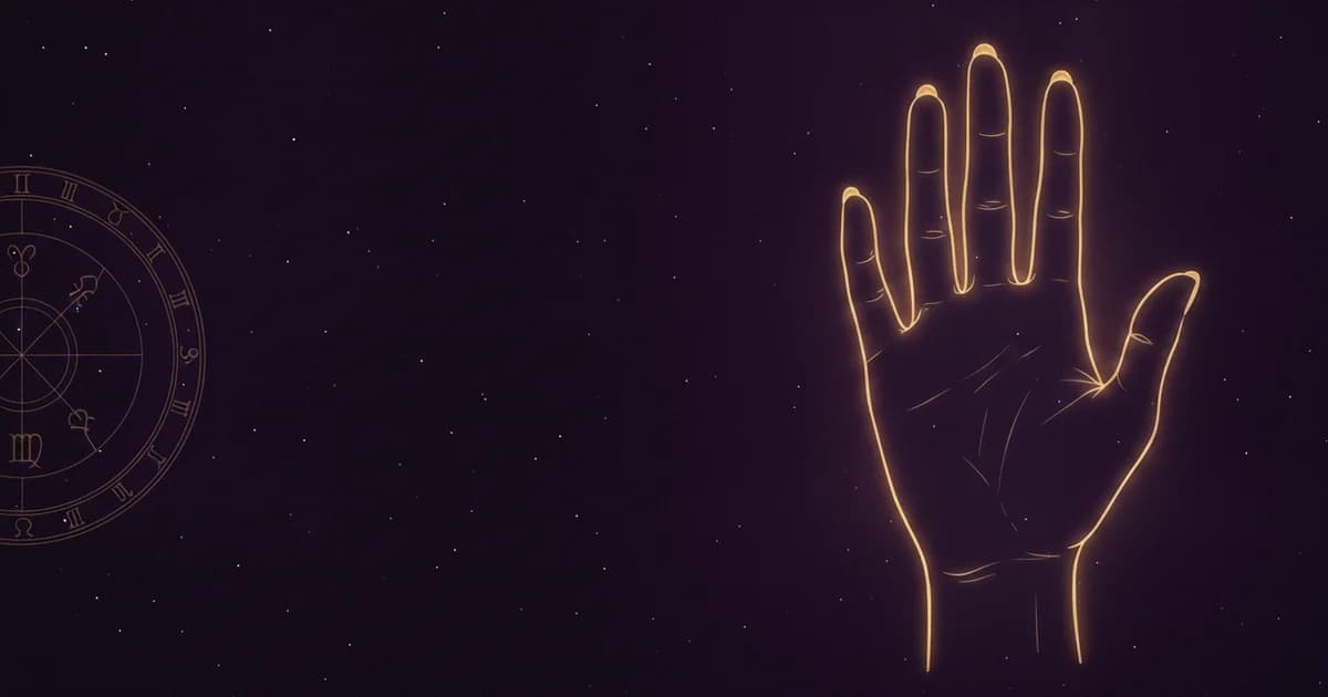 Хіромантія: відкрита долоня із сузірʼям ліній життя, розуму, серця й долі на космічному тлі