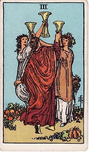 Трійка Кубків: карта таро Райдера-Вейта-Сміт (Three of Cups)
