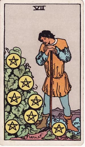 Сімка Пентаклів: карта таро Райдера-Вейта-Сміт (Seven of Pentacles)